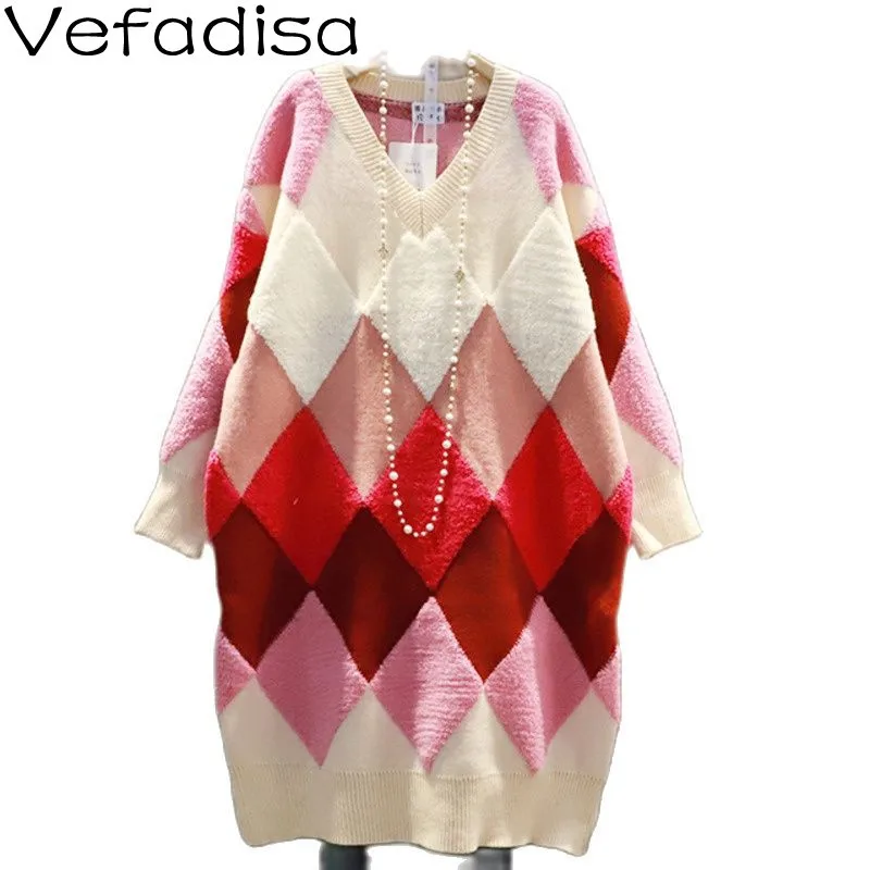

Vefadisa Fashion Contrast Diamond Check Print Pullover Sweater 2022 Spring New Style V-neck Mid-length Knitted Sweater TT1009