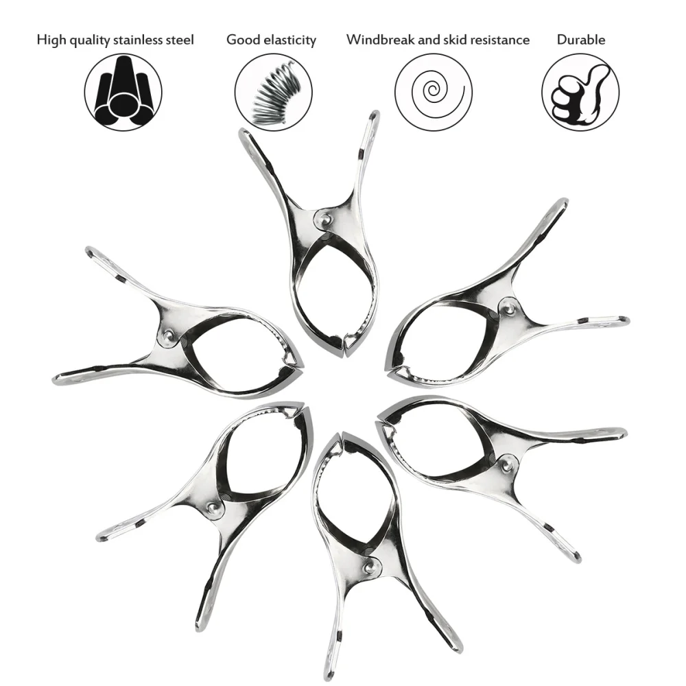 

ULTNICE 6pcs Stainless Steel Large Beach Towel Clips Clothespins Clothes Pegs Clothes Hanger Clamp