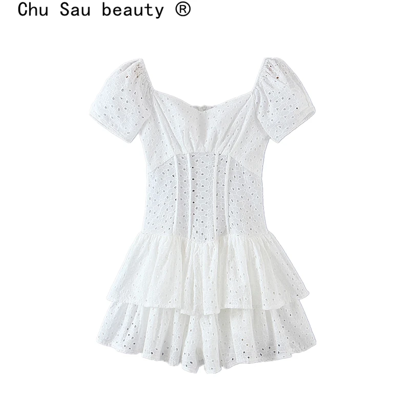 

Новинка, модное хлопковое мини-платье во французском стиле с цветочной вышивкой, женские летние милые шикарные платья с многослойными обор...