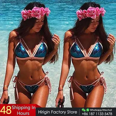 

Для женщин облегающий бикини пуш-ап однотонного голубого цвета с блестками Мягкий Треугольники пляжные купальники купальный костюм, ванны...