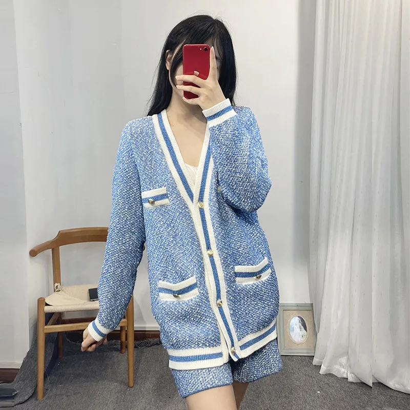 

Women Sweater 2021 Knitted Jacket Women Cardigan and Short Pants Fashion Two-piece Suit 100% Cotton