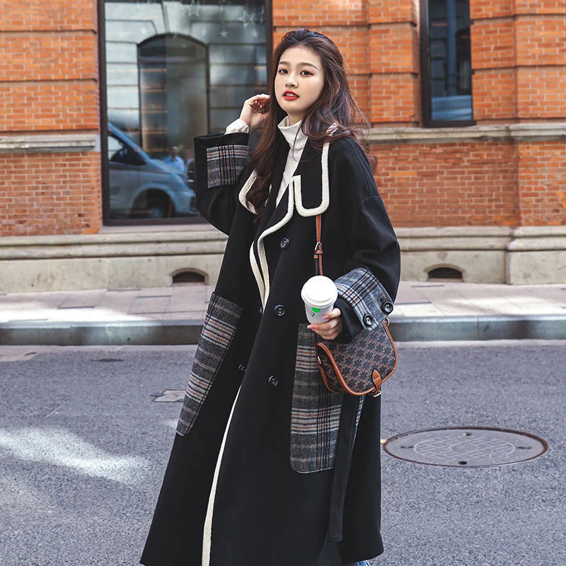

Женское свободное шерстяное пальто в стиле ретро, Дамское осеннее пальто в стиле Харадзюку, кашемировое пальто, длинное женское зимнее паль...