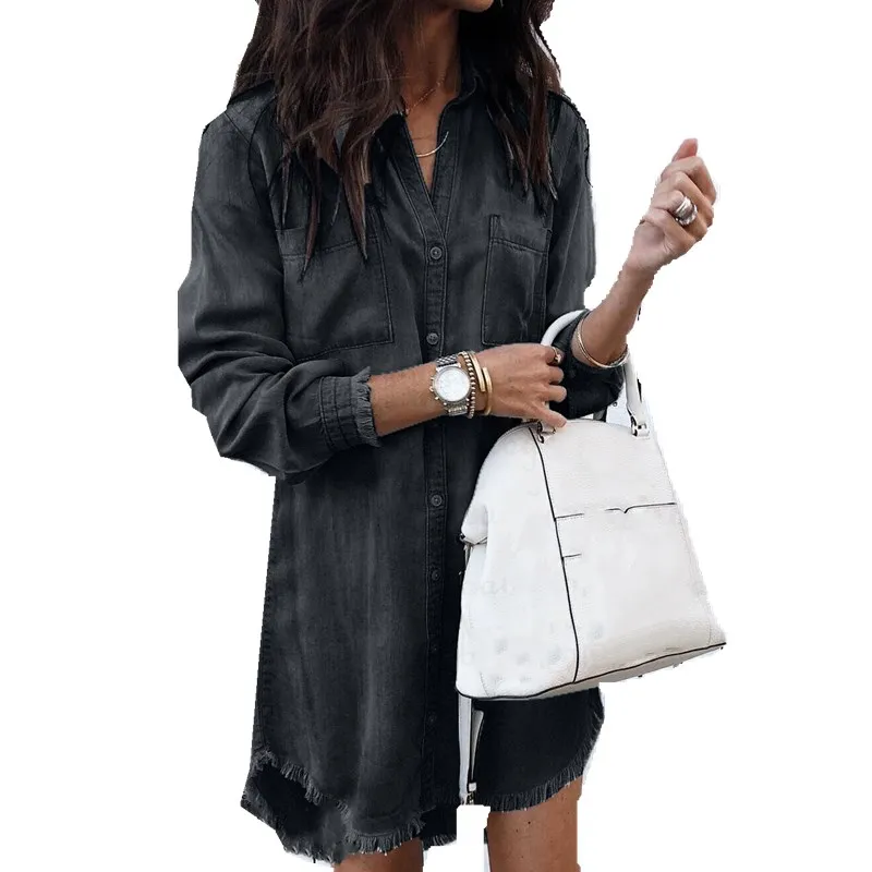 Women Denim Tunic Shirt Top Long sleeve Autumn High Low Blouse | Женская одежда