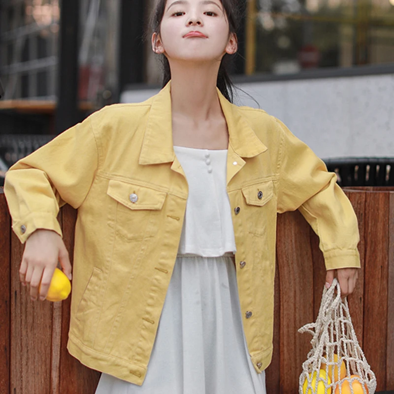 Женская Весенняя джинсовая куртка короткая однотонная повседневная Молодежная