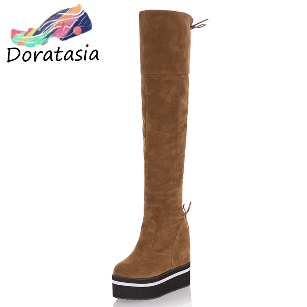 DORATASIA/размеры 34-47, модные сапоги выше колена на высокой платформе женские сапоги до бедра на шнуровке г. Женская обувь на скрытом каблуке