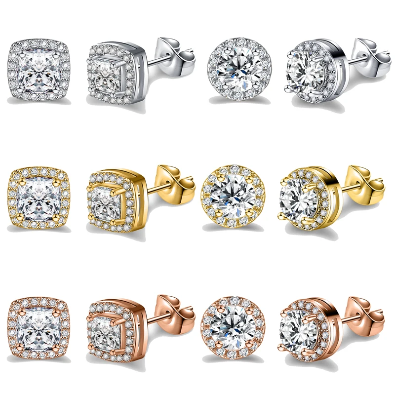 

ZS 1Pair Korean Ear Studs for Women Girl Shiny Crystal Stud Earring Copper Earring Simplicity Square Round Shape Earring Jewelry