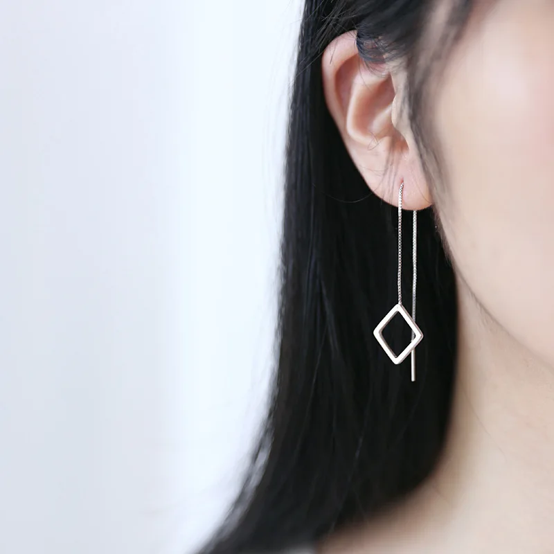 

925 Sterling Silver Tassel Long Chain Squre Piercing Stud Earrings For Women Wedding Party Punk HipHop Jewelry Pendientes eh749