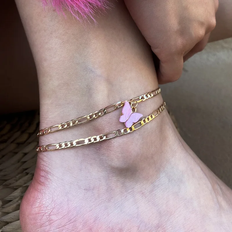 

Tasted Small And Pure And Fresh Temperament Contracted Double Foot Ornaments Chain Joker Pink Butterfly Anklets Suits