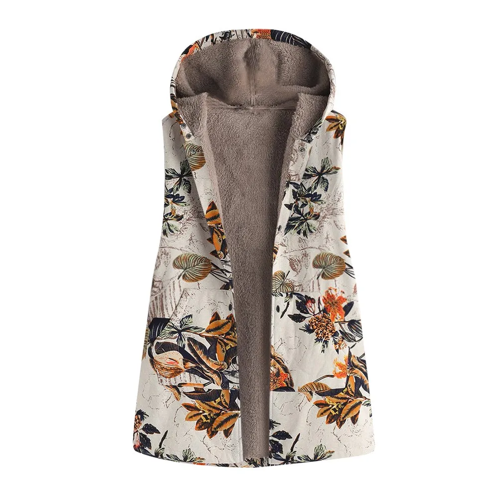 Women Outwear Floral Print Hooded Pockets Vintage Oversize Plush Coats S-5XL Plus Size Female Jacket Winter Warm Overcoat | Женская