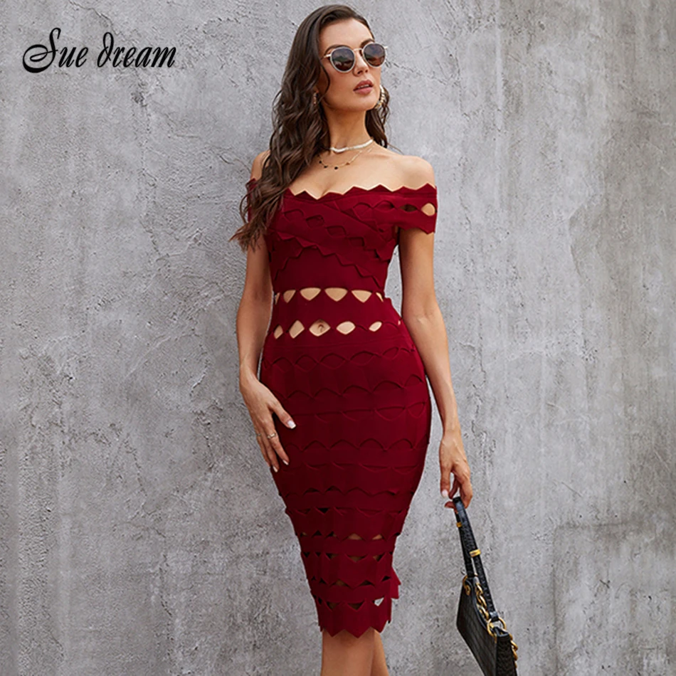 

2021 New Spring Women's Sexy V-neck Off Shoulder Hollow Bodycon Bandage Dress Elegant Club Party Dress Vestidos