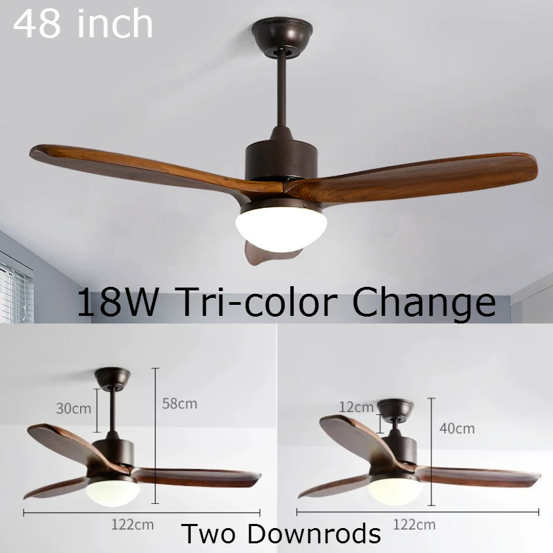 

48 Inch Wooden Ceiling Fan Lamp with Remote Control for Living Room 18W LED Tri-Color Change Pure Copper Motor