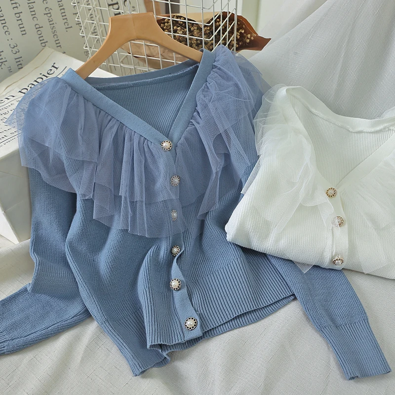 

Nowsaa Double Lace V Neck Cardigans Sweater Long Sleeve Single Breasted Design Straight Slim Pull Femme Coat Autumn Knit Lady