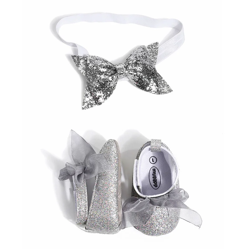 

Spring and Autumn Ribbon Infant Toddler Shoes 0-18M Baby Girls Solid Color Breathable Soft-soled Princess Shoes with Headwear