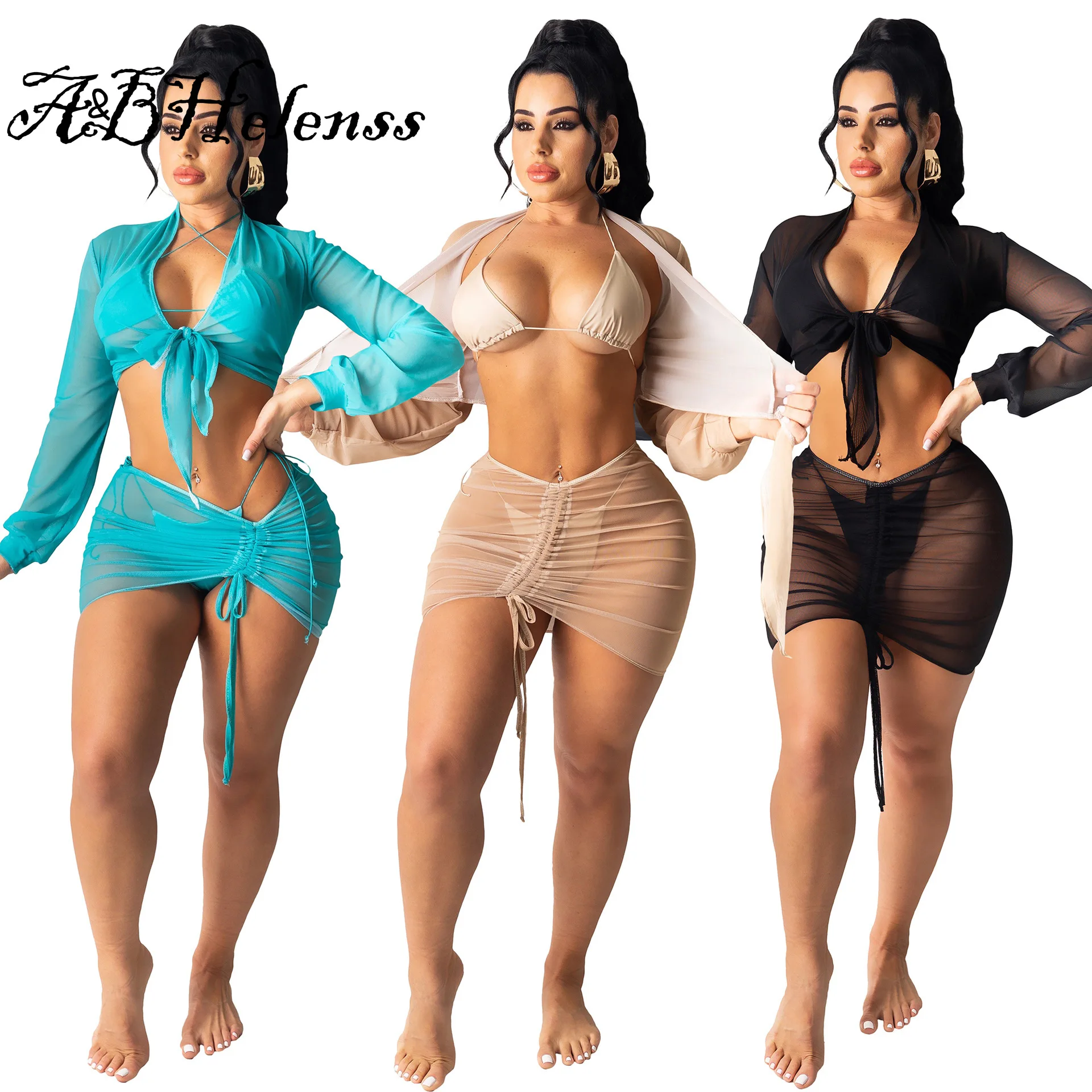 

A&BHelenss 2021 Summer Bikini Suit Sets Cover-ups Women 3 Piece Set Mesh Crop Coat Sexy Bra and Stacked Skirts Holiday Beachwear