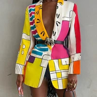 2021 new women printed blazer suit long sleeve turn down collar button string work office lady y2k suit female coat