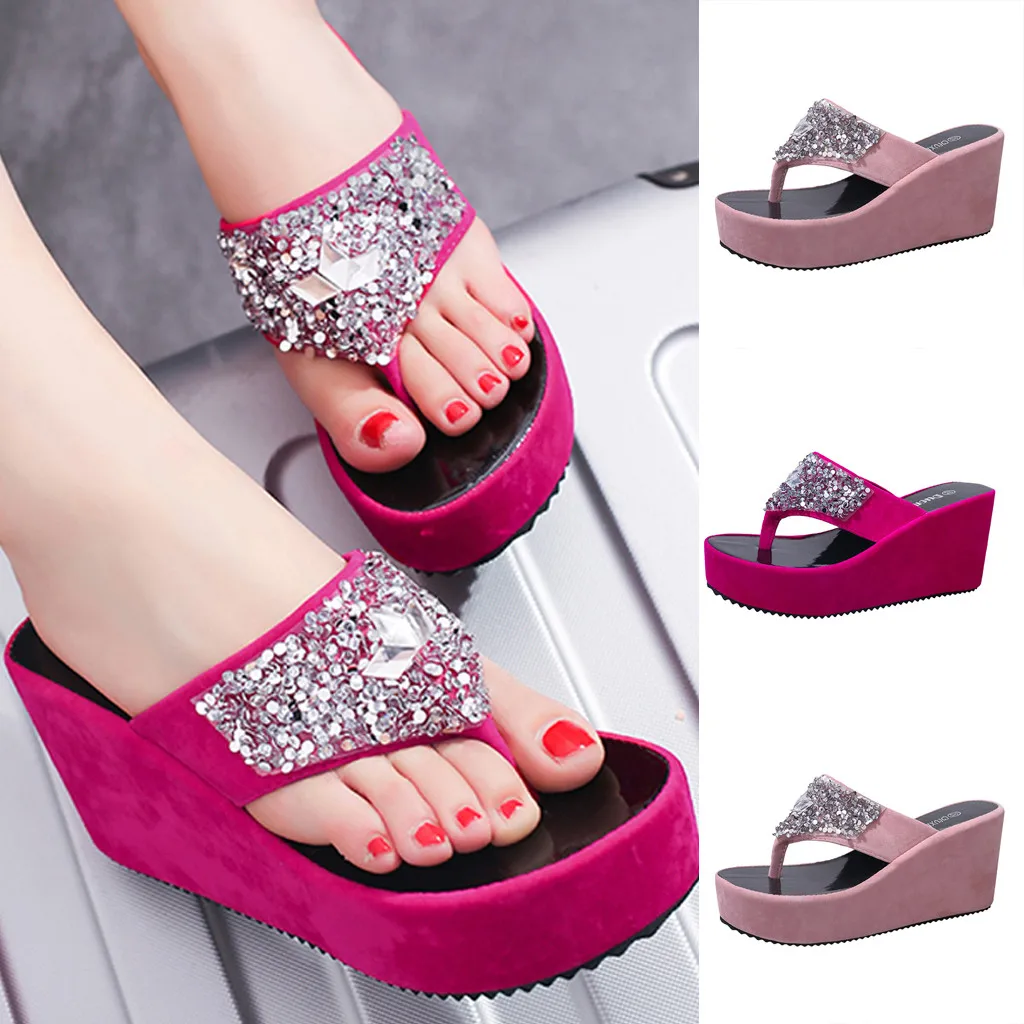 

SAGACE Summer Women Slippers flip flops women Rhinestone Wedges home Flip Flops female Fashion Clip Toe Beach Shoes Women 2019