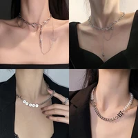 niche hip hop pearl necklace womens titanium steel bow clavicle chain japanese and korean ins letters double layer necklace