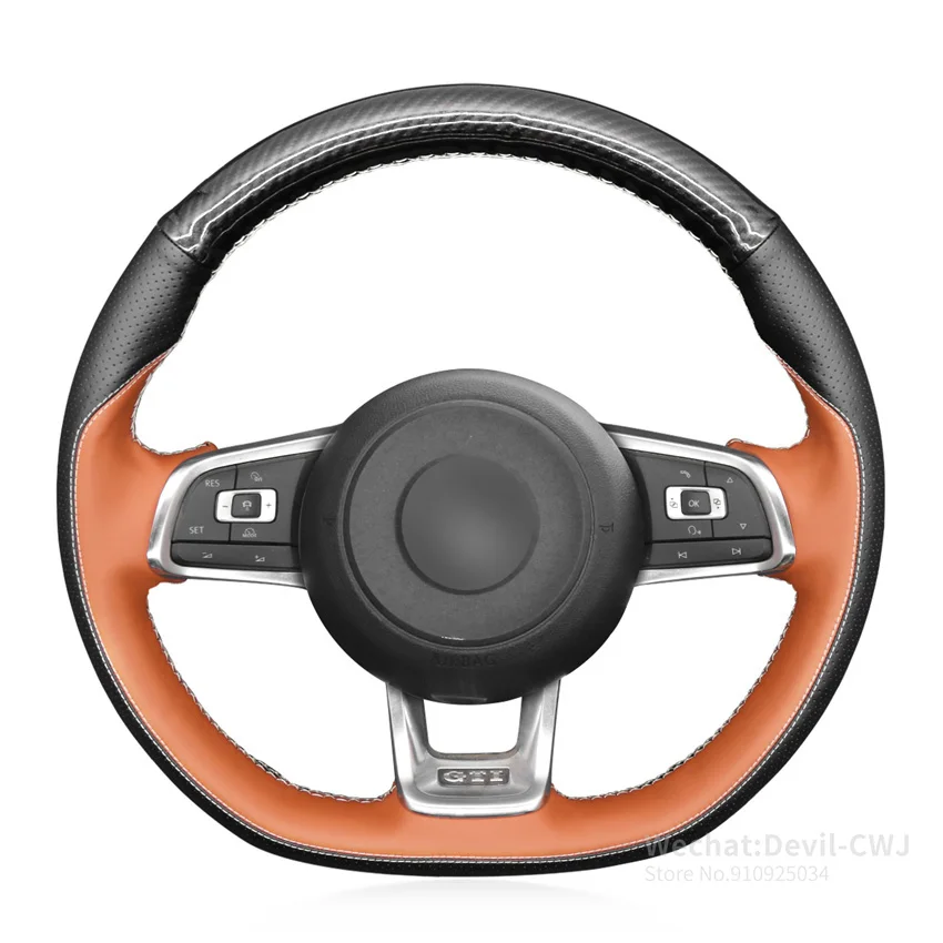 

Black Genuine Leather Hand Sew Steering Wheel Cover for Volkswagen VW Golf 7 GTI T-Roc Passat Variant (R-Line) Tiguan