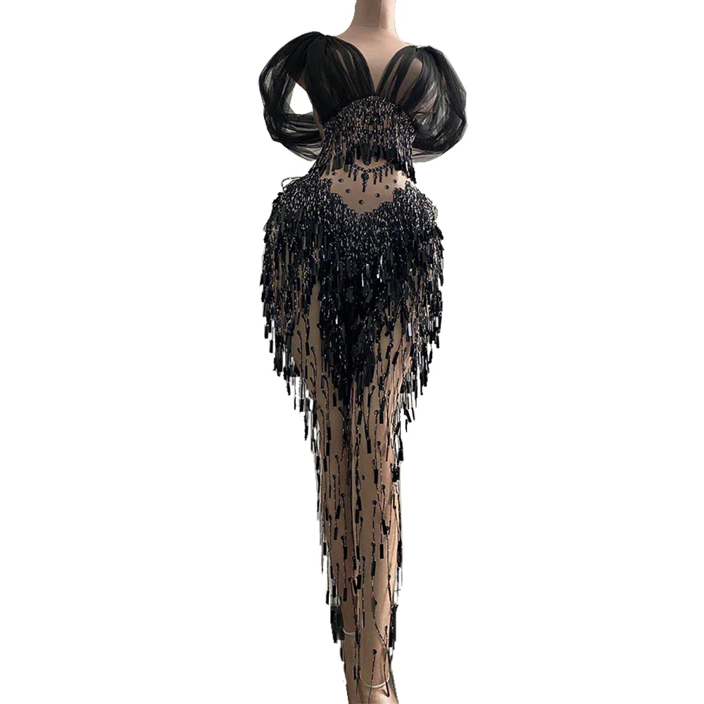 Комбинезон женский сетчатый с блестками пикантный бандажный черный комбинезон