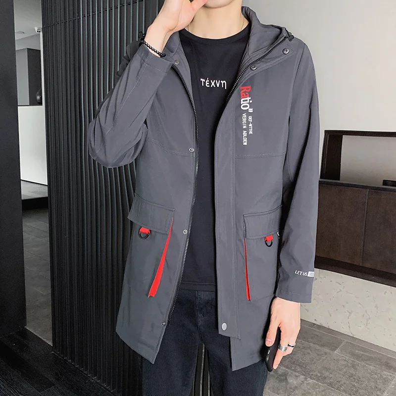 Ветровка мужская длинная Тренч с капюшоном тонкая бейсбольная куртка Бомбер