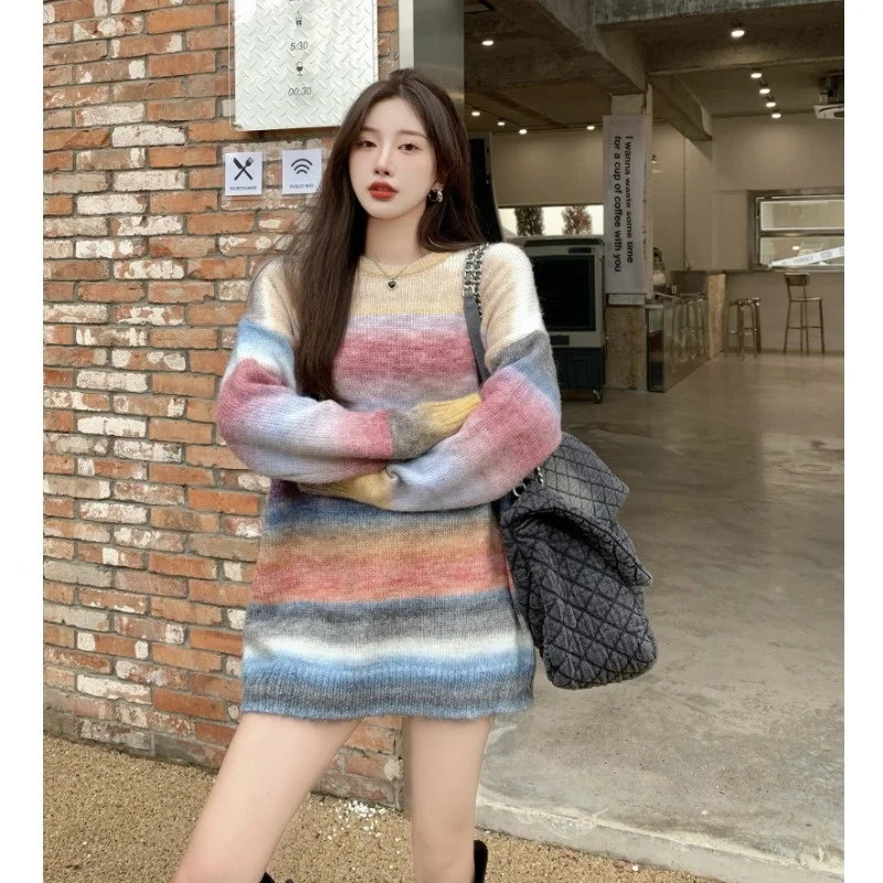 

Свитер градиентного цвета, женская верхняя одежда в японском стиле ретро на осень и зиму, Свободный пуловер средней длины, свитер, Топ