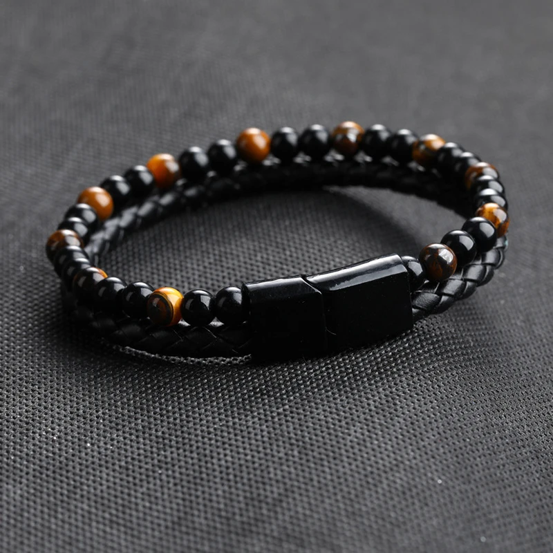 

Genuine Stone 2020 Natural Leather Bracelet Black Magnetic Clasp Tiger Eye Bead Bracelet Fashion Men Jewelry