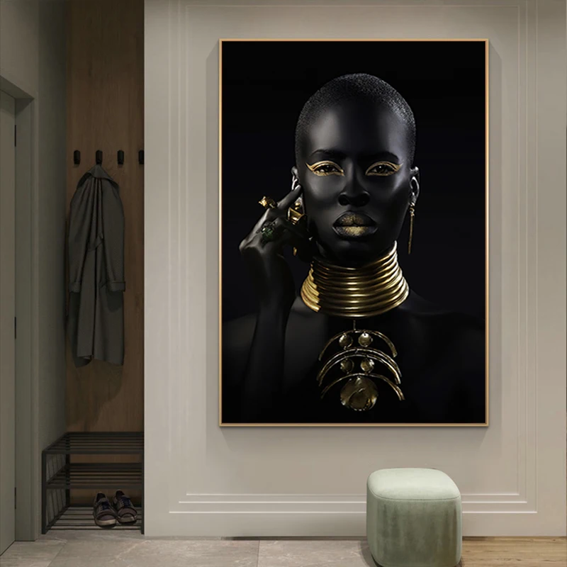 

Black and Gold African Woman Canvas Print Poster Painting Picture Wall Art for Living Room Bedroom Home Decor