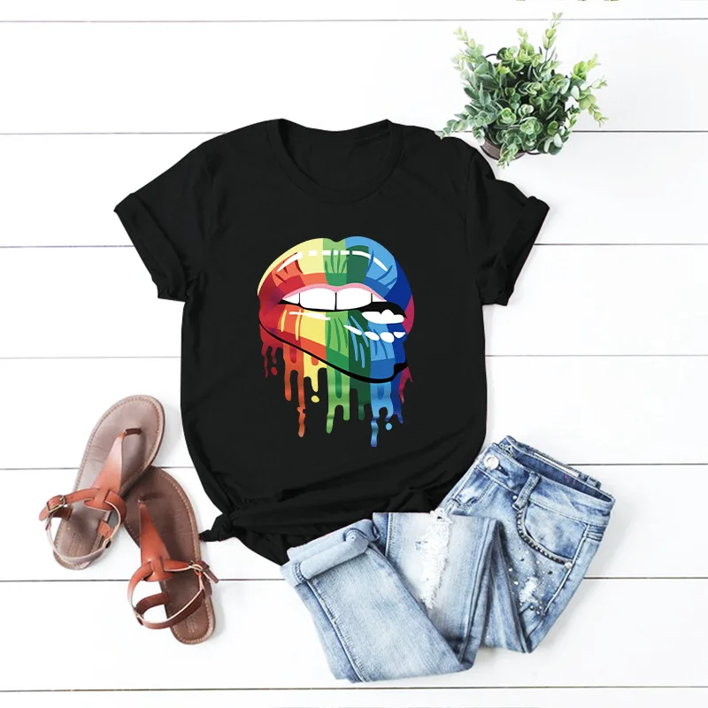 

Summer new style lip print loose round neck short sleeve T-shirt women