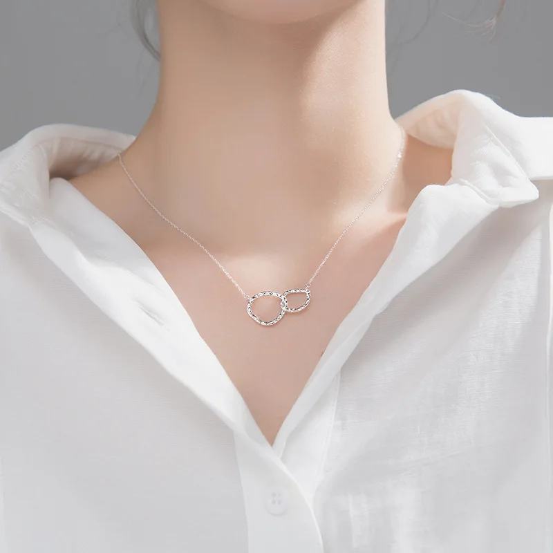 

Ginin 925 Sterling Silver Irregular Circle Buckle Pendant Necklace for Women Fashion Double Round Clavicle Chain Femme Jewelry