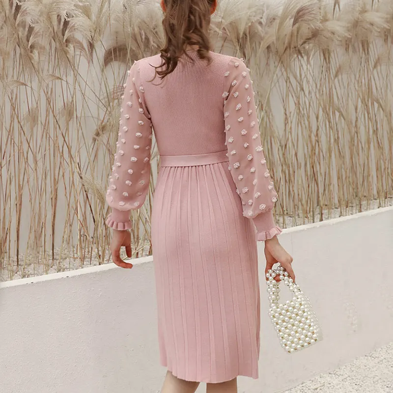 Новая мода женское шифоновое платье миди с длинным рукавом-фонариком глубокий