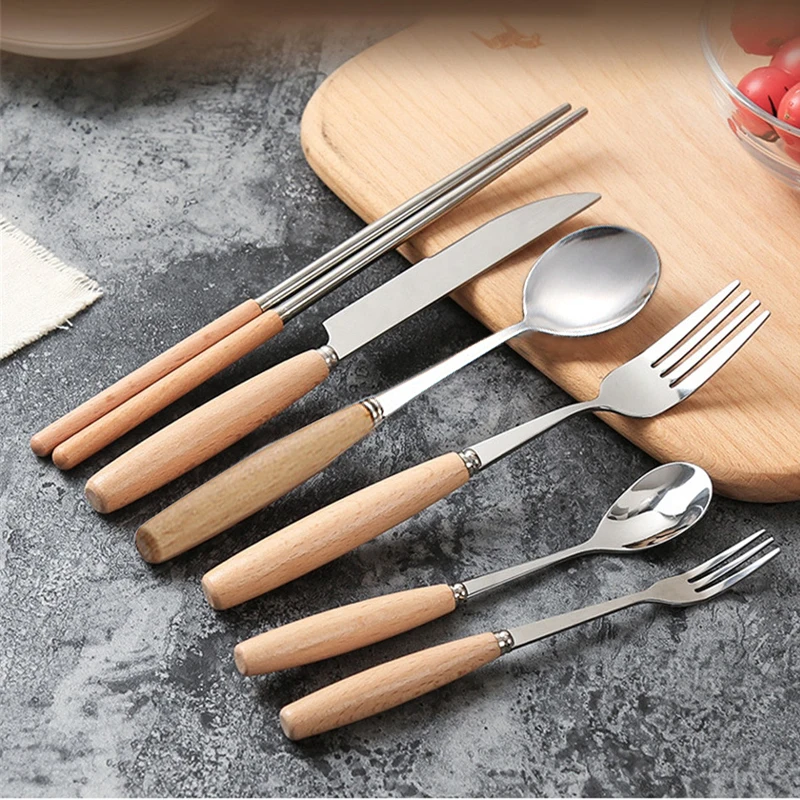 Креативная посуда с деревянной ручкой столовые приборы из нержавеющей стали в