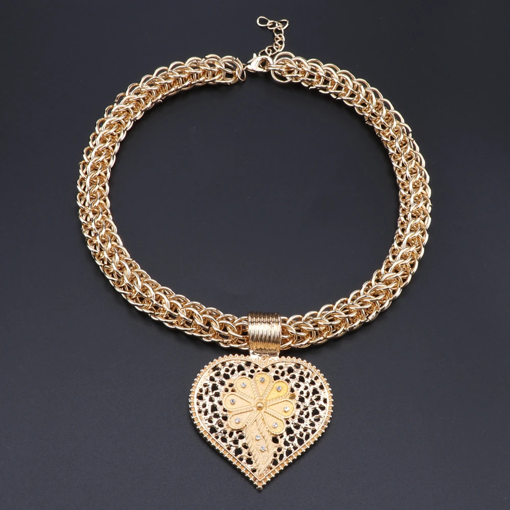 Дубай золотой цвет кристалл сердце кулон ожерелье серьги ювелирный набор