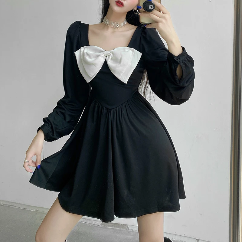 

Платье-трапеция в стиле Хепберн, с бантом, квадратным вырезом и длинным рукавом