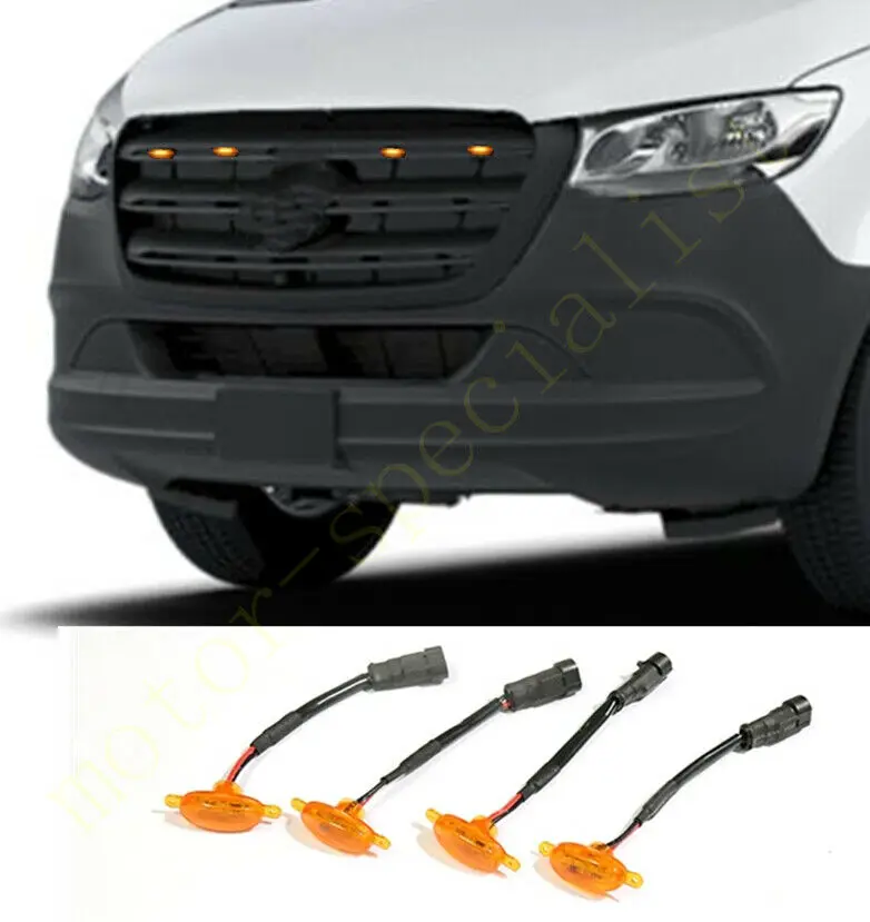 

4pcs LED Car Front Grille LED Amber Light Raptor Style Light Kit Decor W/ Wire Speed For Benz Sprinter 1500 2019-2021