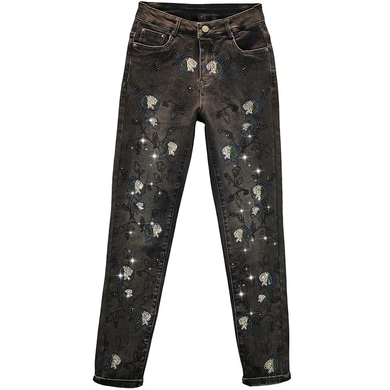 

Embroidered Rhinestone Jeans for Women Female Trendy 2021 Spring New Cotton Elastic High Waist Black Denim Pants