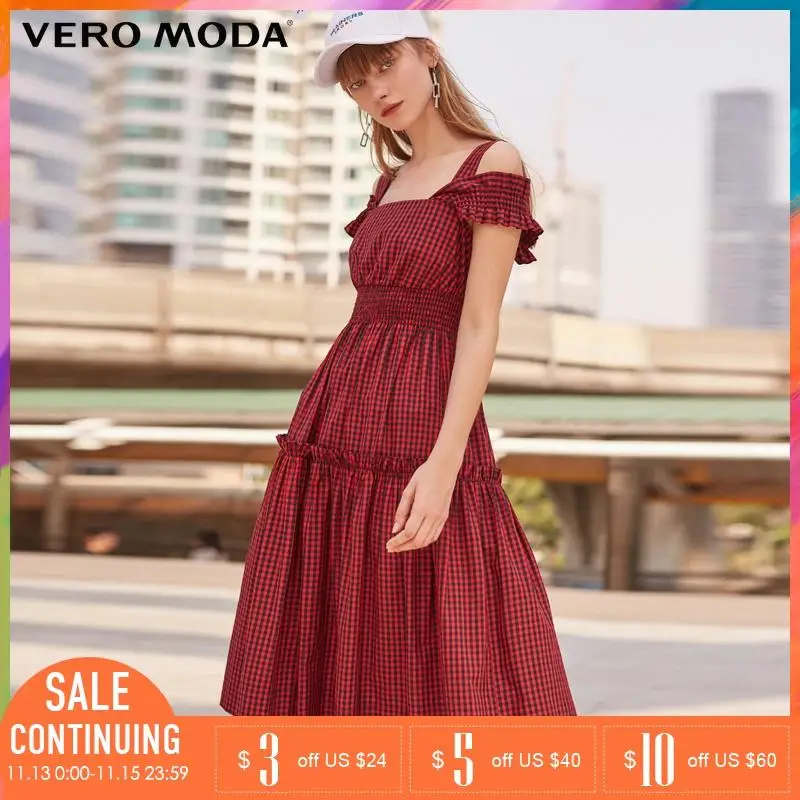 Vero Moda Весна и лето новый пояс клетчатое платье женщин | 31827A574 Женская одежда