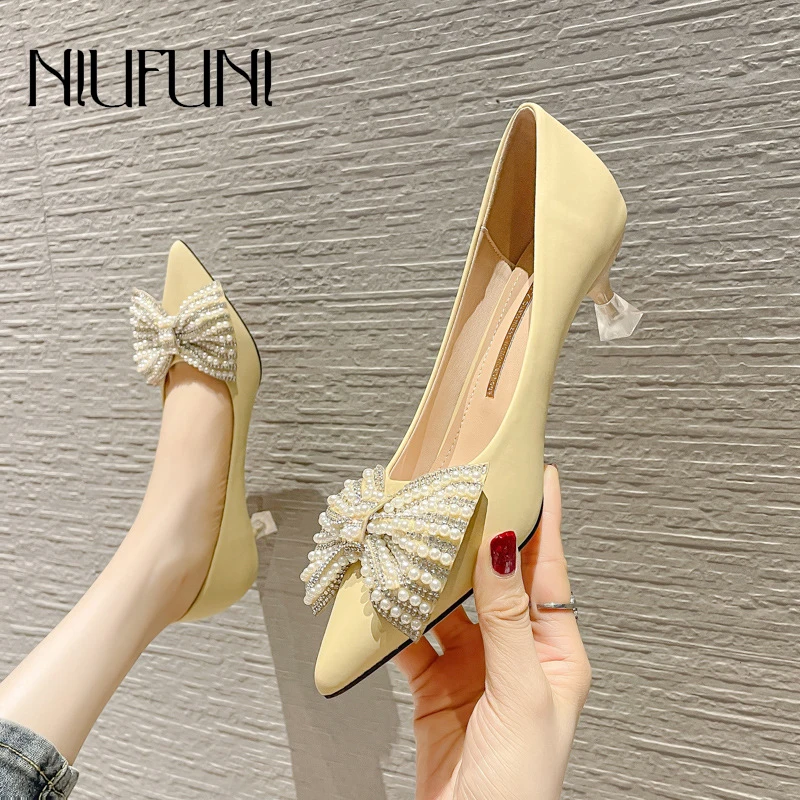 

Summer High Heels Stiletto Pointed Rhinestone Bow Women Shoes Pumps Slip-On Slides Mid Heels Simple Elegant Dress Ladies Shoes