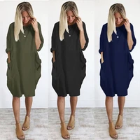 women casual solid color o neck long sleeve pockets knee length baggy dress vestidos streetwear casual dresses woman plus size