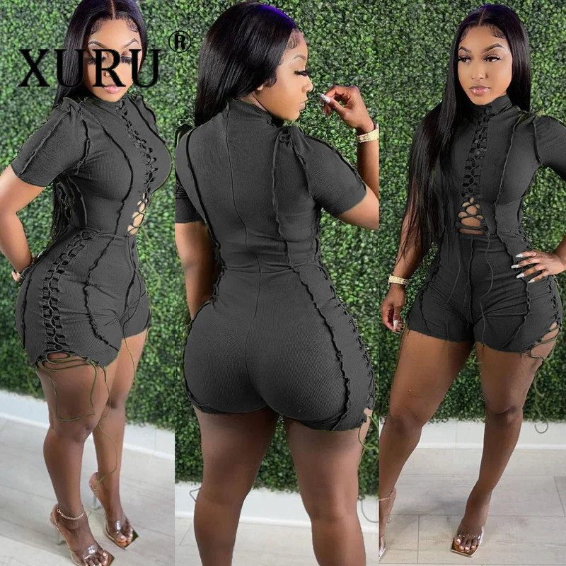 XURU European and American New Style Women's One-piece Shorts Strappy Drawstring Frayed One-piece Pants