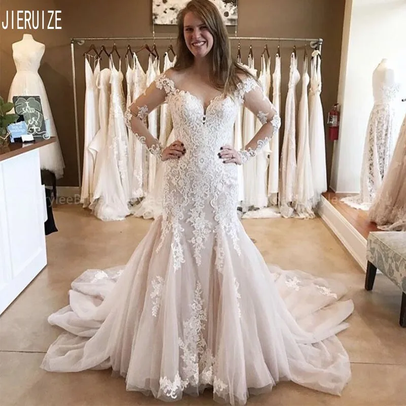 

JIERUIZE Elegant Boho Mermaid Wedding Dresses V Neck Long Sleeves Lace Appliques Tulle Trumpet Wedding Gowns robe de mariee