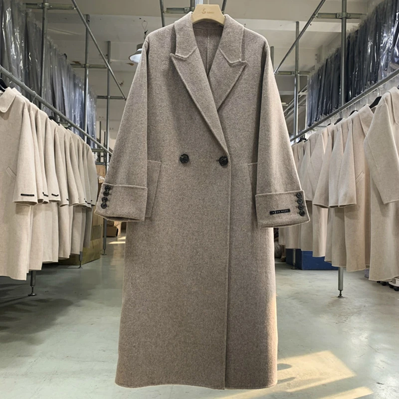 

Winter 2020 Korean Handmade High End Lacing Belt Plus Size Loose Long Pink Double Sided 100% Wool Coat Black Woolen Overcoat