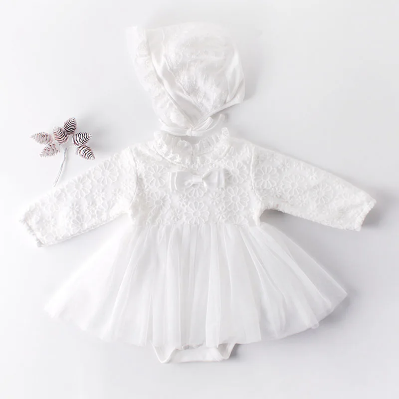 

Spring Autumn 0-2Yrs Infant Baby Girls Rompers Baby Clothes Bodysuit Long Sleeve White Lace Rompers + Cap Baby Girls Rompers