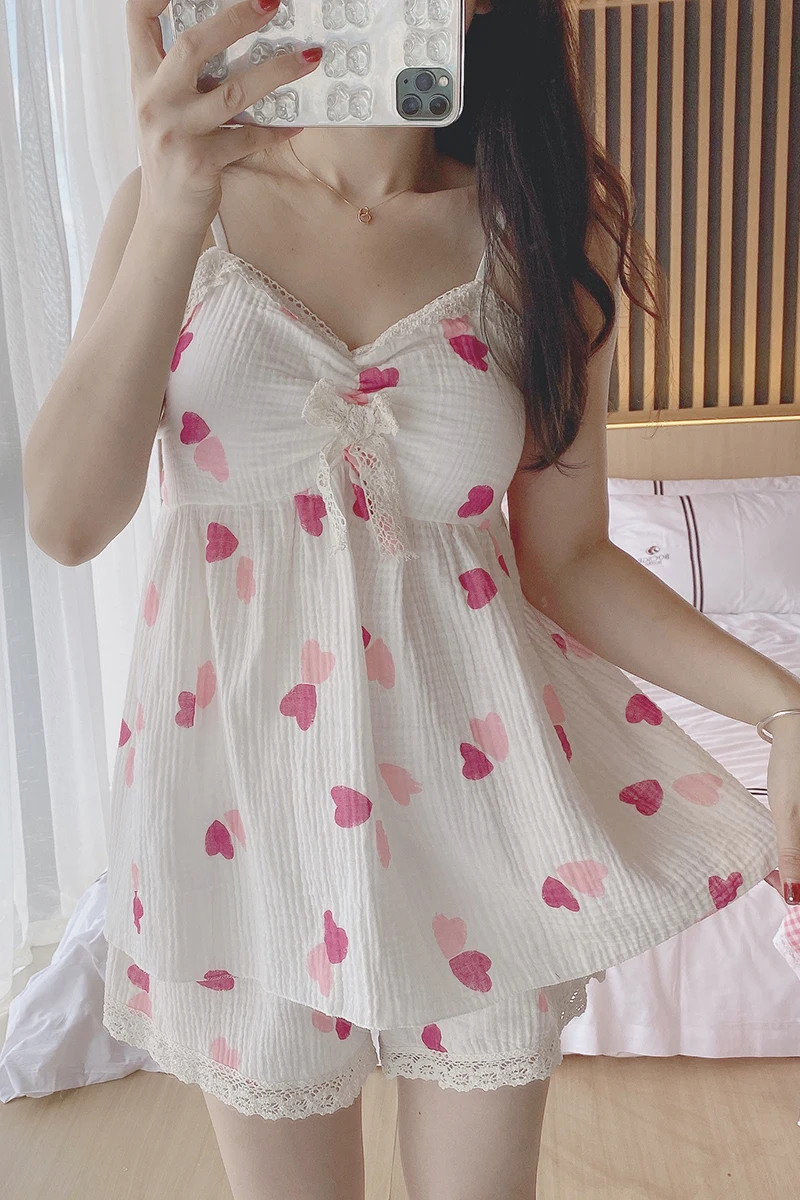 

Harajpee Sweet Love Printing Pajamas 2 Piece Sets Sleepwear Korean Pure Cotton Pajama Women Summer Suspender Shorts Home Clothes