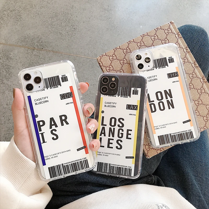 

Air ticket USA city London Paris label silicone case for iphone 11 pro xr xs max 7 8 6 6s plus x soft clear QR code back cover