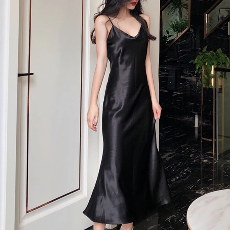 

new women's Satin suspender sexy dress solid straight pajamas party dress elegant summer spaghetti suspender dress casual dress