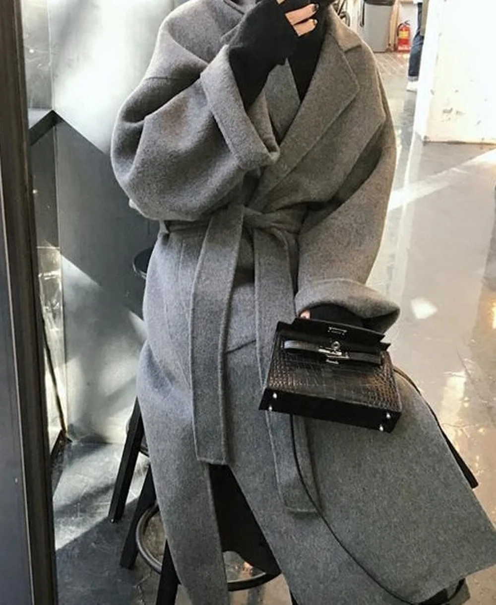 2021 Women's Classic Wool Cashmere Blend Loose Casual Coat Lapel Lapel Belt Long Coat Jacket Warm Winter Outerwear New Fashion