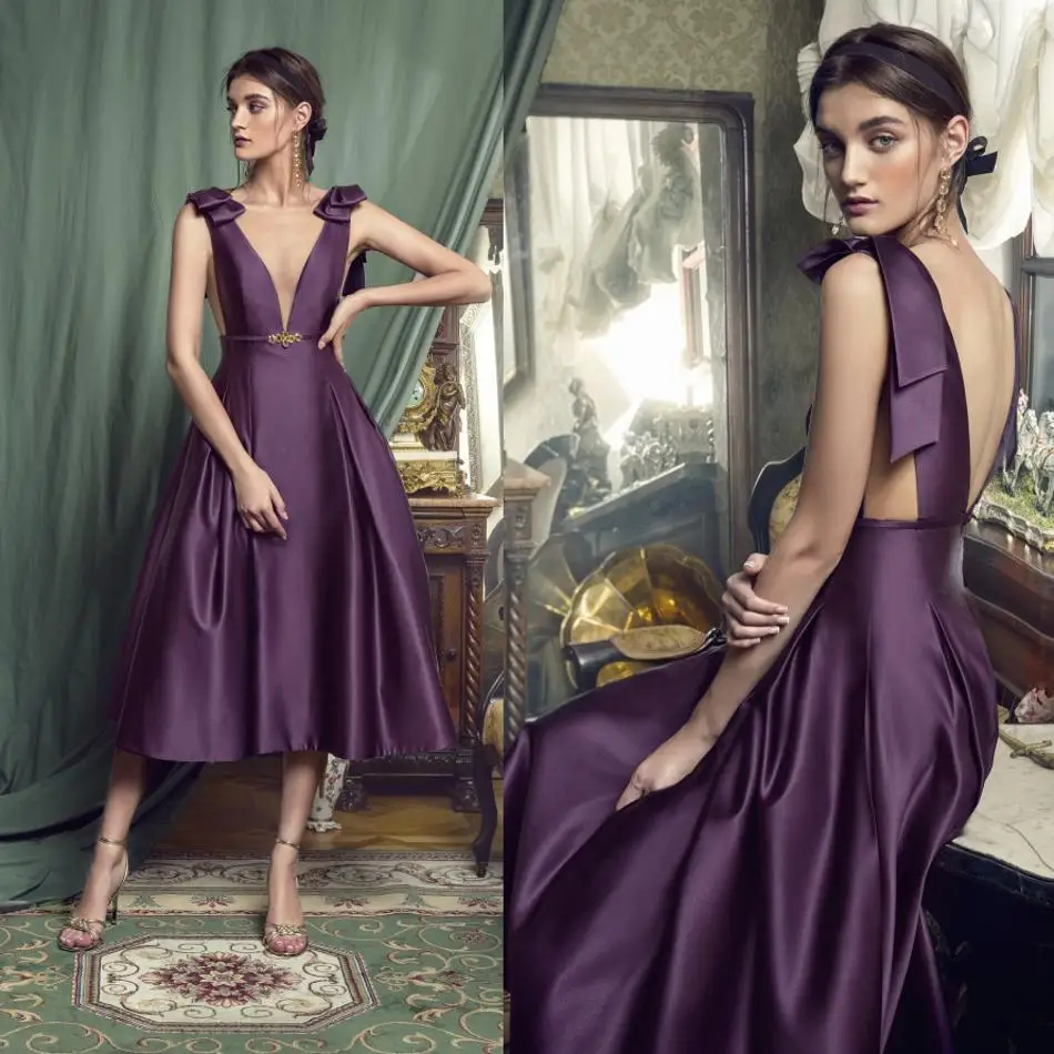 2020 Mother of the Bride Dresses Sexy V Neck Backless Satin Evening Gowns Custom Made Knee-Length Wedding Guest Dress | Свадьбы и