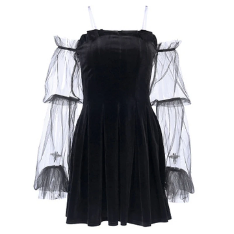 

Goth Dark Mesh Vintage Gothic Dresses Egirl 2020 Aesthetic Transpanent Strap Pleated Dress Chic Punk Hip Hop Grunge Emo Y2K Chic