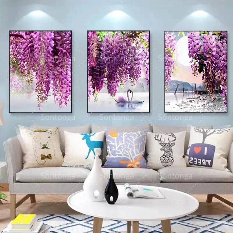 

Nordic Purple Flower Lake Landscape Art Canvas Painting Posters Prints Wall Art Pictures For Living Room Special Gifts Scenery