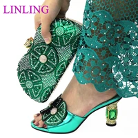 italian design 2021 newest green color hot selling elegant ladies shoes and bag set decorated with rhinestone for party